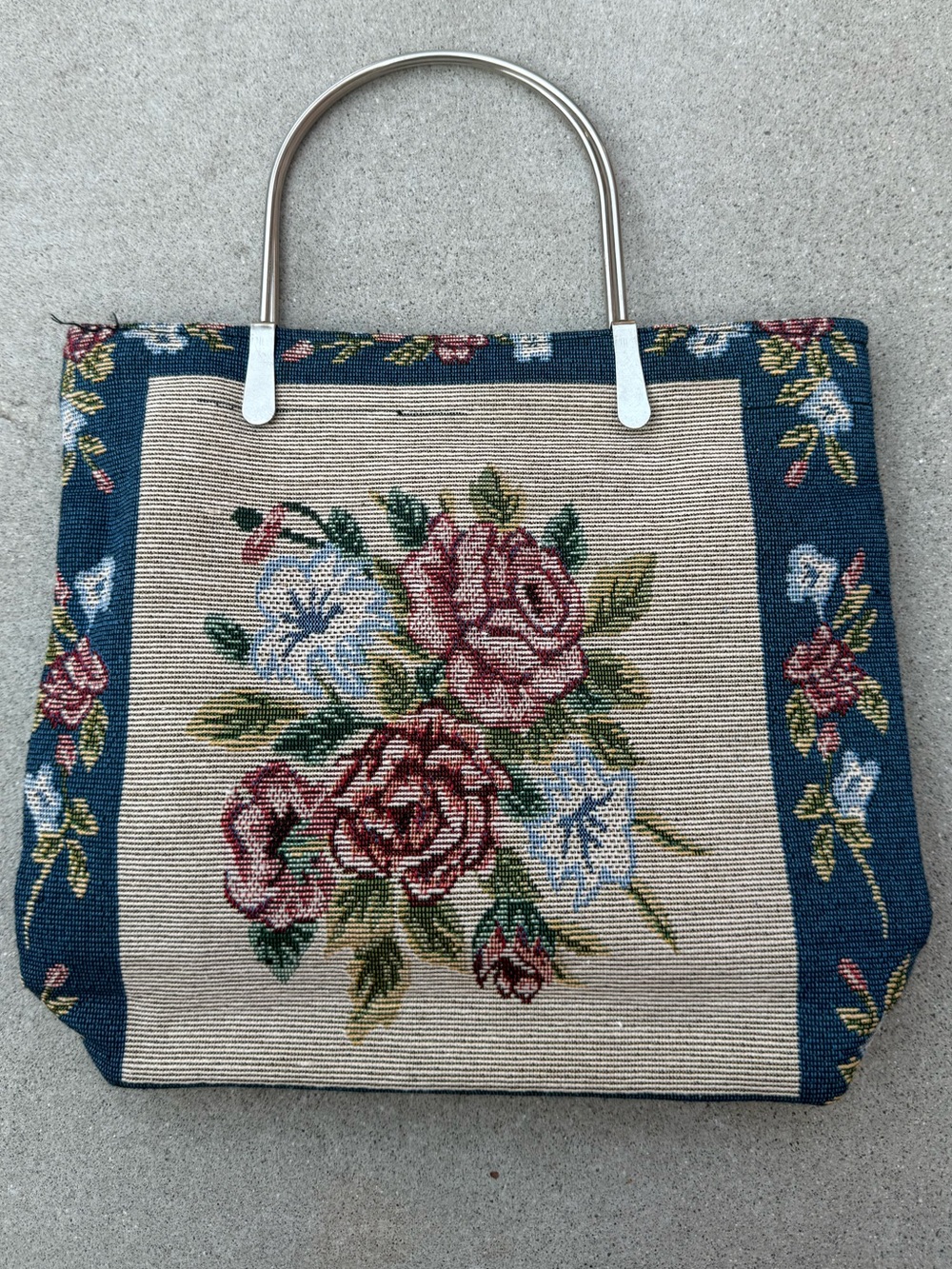Vintage Floral Tapestry Handbag with Metal Handles Cottagecore Medium Size